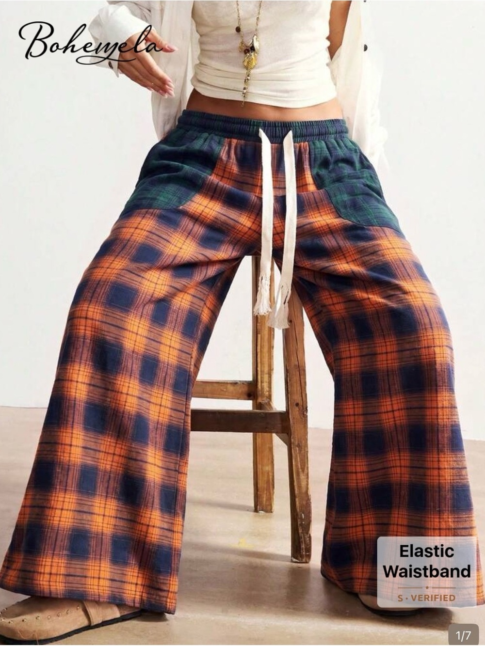 NWT Bohemela Orange and Navy Plaid Wide-Leg Lounge Pants, Various Sizes